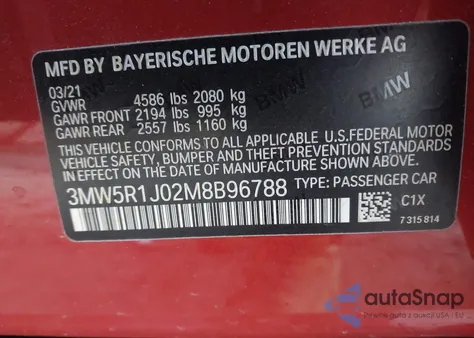 2021 BMW 330I z USA, uszkodzony, nr VIN 3MW5R1J02M8B96788